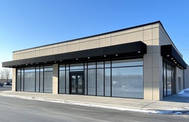 Obraz premium Modern commercial building with large windows and minimalist design, reflecting contemporary architectural trends and urban development in clear blue sky
