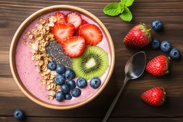 Healthy Smoothie Bowl with Fresh Fruits, A beautifully arranged smoothie bowl topped with sliced kiwi, strawberries, blueberries, chia seeds, and granola