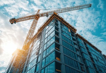 Modern Construction Site with Crane, Glass Facade, and Blue Sky in Urban Environment Under Bright Sunlight