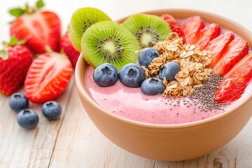 Healthy Smoothie Bowl with Fresh Fruits, A beautifully arranged smoothie bowl topped with sliced kiwi, strawberries, blueberries, chia seeds, and granola