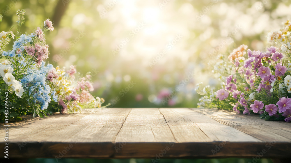 Aufkleber empty wooden table top with colorful flowers framing a beautiful garden in spring with bokeh effect 