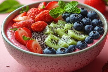 Healthy Smoothie Bowl with Fresh Fruits, A beautifully arranged smoothie bowl topped with sliced kiwi, strawberries, blueberries, chia seeds, and granola