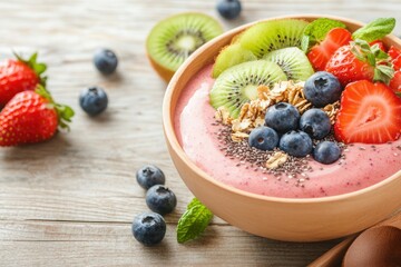 Healthy Smoothie Bowl with Fresh Fruits, A beautifully arranged smoothie bowl topped with sliced kiwi, strawberries, blueberries, chia seeds, and granola