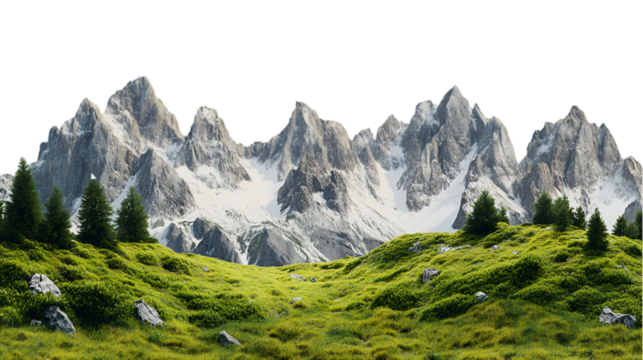 Majestic snowcapped mountain range overlooking lush green alpine meadow, isolated on transparent background