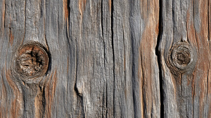 Obraz premium A close-up view of weathered wooden planks featuring knots and a textured surface, showcasing natural aging and unique patterns.