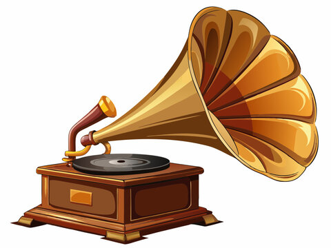 vector of  side view antique brass and wooden gramaphone on white background,copy space