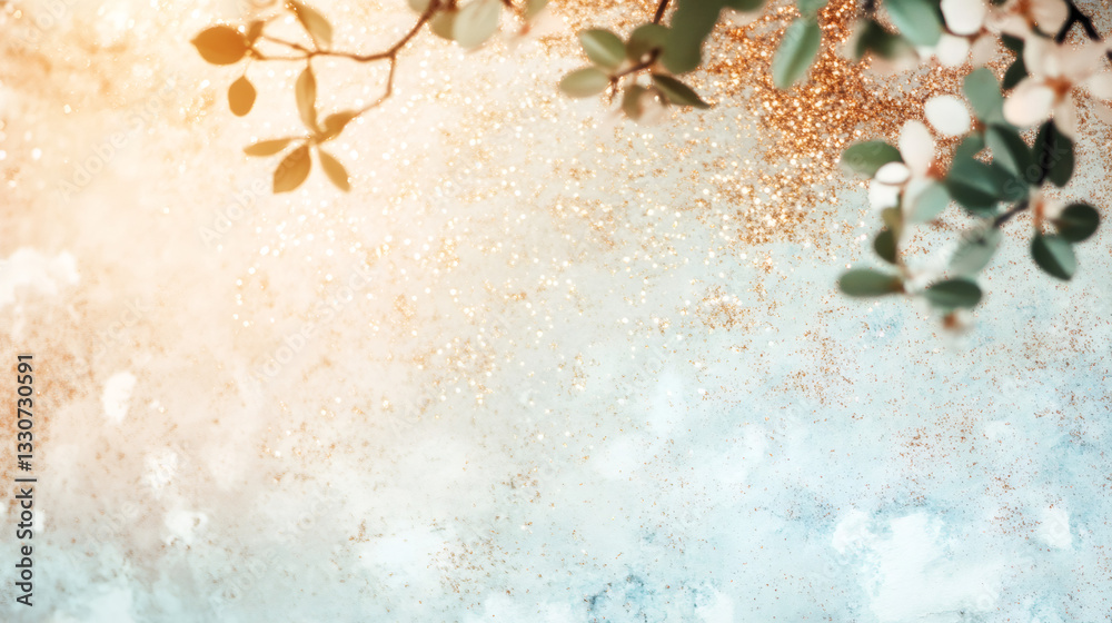 Poster Spring background with blooming apple tree branch and golden glitter on textured background with copy space