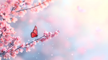 Beautiful monarch butterfly landing on a cherry blossom branch in spring with soft focus background