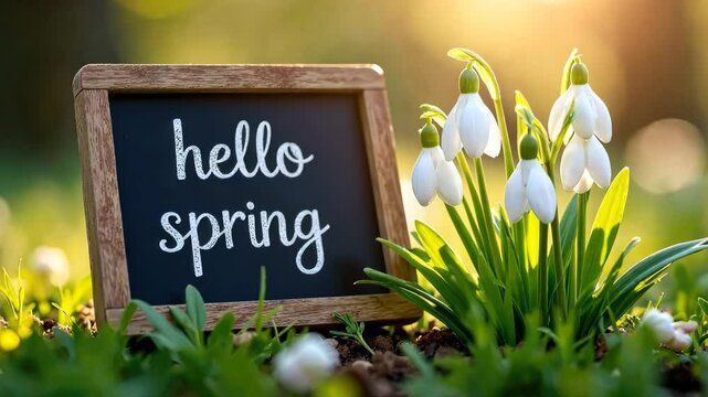 Snowdrop flowers bloom next to a "Hello Spring" sign in a grassy garden. Concept of: Spring arrival.