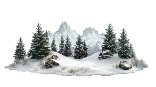 Snowy mountain landscape with evergreen trees and rocks a winter wonderland scene, isolated on transparent background