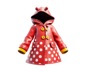 Bright Red Polka Dot Raincoat with Hood and Cute Button Details