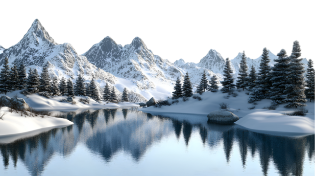 Snowy Mountains Reflecting in Calm Lake Winter Wonderland, Isolated on Transparent Background