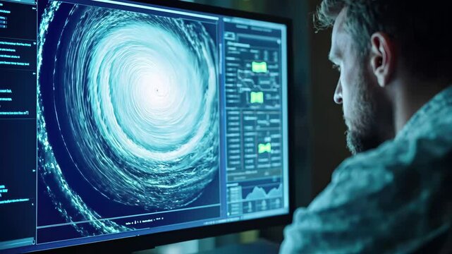 Weather professional analyzes hurricane activity using advanced technology in a monitoring facility, Weather professional monitoring hurricane activity on computer screen