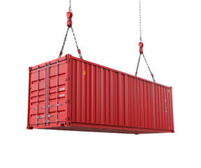 Red Shipping Container Suspended by Cranes Over White Background
