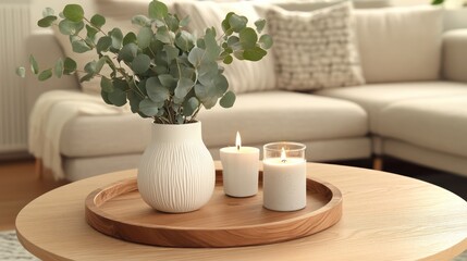 Fototapeta premium A modern, cozy living room with a round coffee table showcasing a wooden tray, a white ceramic vase with eucalyptus, and scented candles