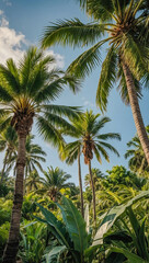 Swaying palm trees with large leaves in a garden setting.