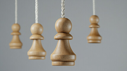 Wooden Chess Pawn Hanging On A White Rope With Other Chess Pieces Blurred In The Background Symbolizing Strategy And Risk.







