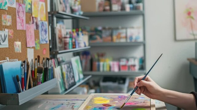 Talented artist delicately applying vibrant colors to a canvas, creating an abstract masterpiece in a well organized studio filled with art supplies and inspiration pinned to a corkboard