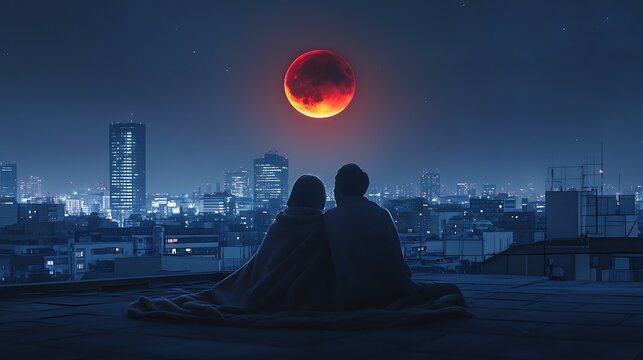Couple watching blood moon lunar eclipse over city skyline rooftop romantic night sky photography