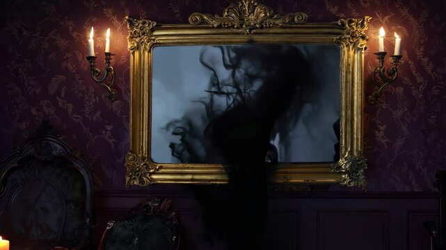 Mysterious shadowy figure emerging from mirror in dimly lit gothic room with candlelight