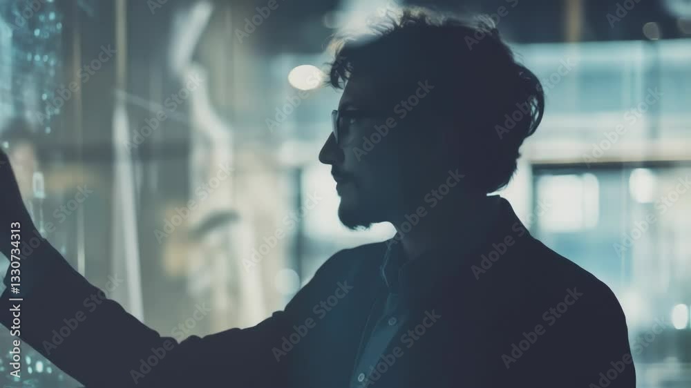 Poster silhouette of a businessman interacting with a transparent digital screen displaying various charts 