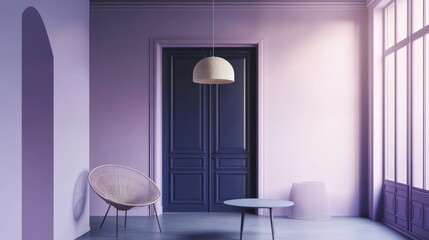 Lavender room, modern chair, round table, French doors, sunlight