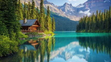Fototapeta premium Peaceful alpine cabin on a serene mountain lake. Lush forest surrounds a cozy wooden chalet reflecting perfectly on the glassy water. Majestic peaks rise above, creating a breathtaking, tranquil scene