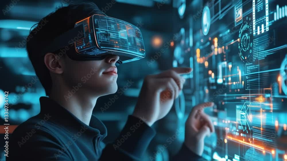Poster software engineer wearing a vr headset interacts with a transparent digital screen, manipulating and