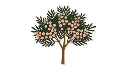 Fototapeta premium Stylized tree illustration featuring pink fruit clusters and green leaves on a white background - images mimosa tree