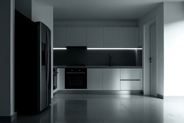  Modern minimalist kitchen in sleek new home for sale during open house event, featuring built-in appliances