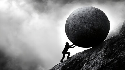 Silhouette of person pushing large rock uphill.  Dramatic sky