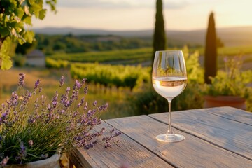 Glass of rose wine and lavender on rustic table overlooking vineyard at sunset, Provence ambiance for relaxation