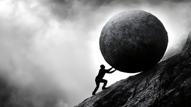 Silhouette of person pushing large rock uphill.  Dramatic sky