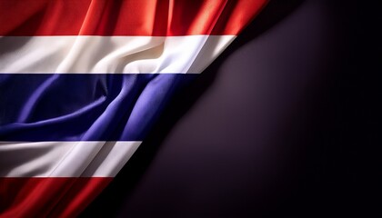 Contrast the Thailand flag's dark background. A vibrant depiction of the Thai flag draped elegantly against a dark background
