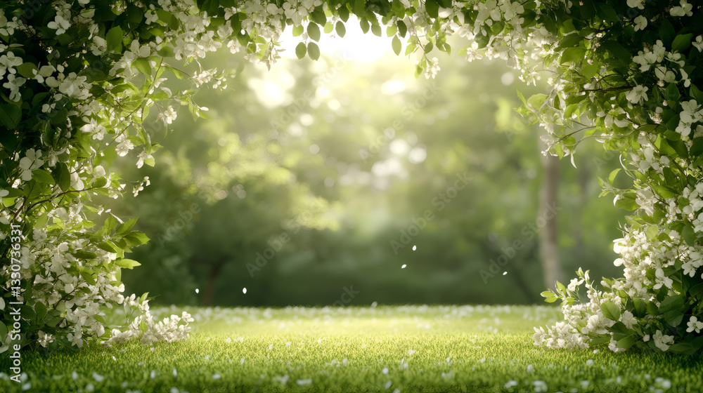 Poster white flowers falling on a sunlit meadow, framed by blooming apple tree branches, create a beautiful