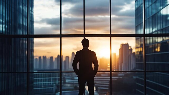 Confident businessman silhouetted against a sunset city skyline, viewed through a large office window.