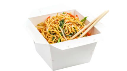 Wok noodles with vegetables and chopsticks in takeaway box on transparent background