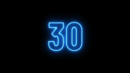 Fototapeta premium Abstract glowing neon text countdown 30 number illustration background 4K resolution.