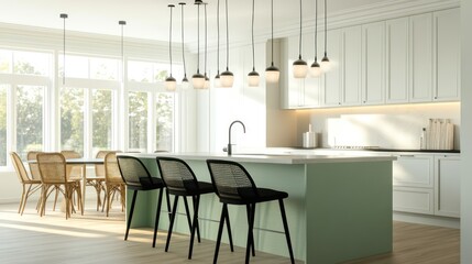 Fototapeta premium A sleek 3D rendering of a coastal kitchen with a mint green island and black barstools