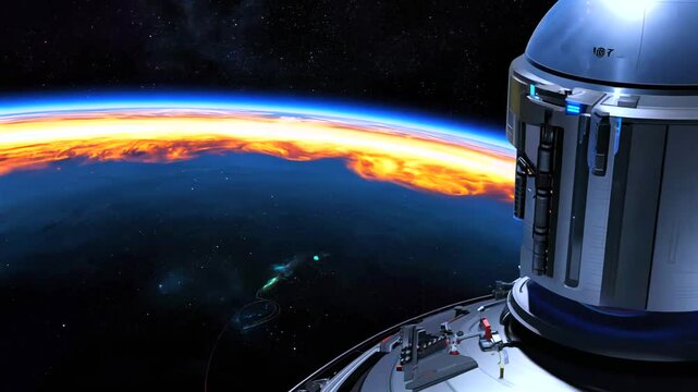 Futuristic orbital platform hovering near luminous planetary surface, capturing expansive cosmic sunrise across dramatic interstellar panorama
