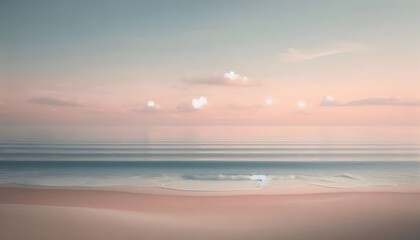 Serene minimalist beach with smooth sand, gentle ocean waves, and a pastel sky.