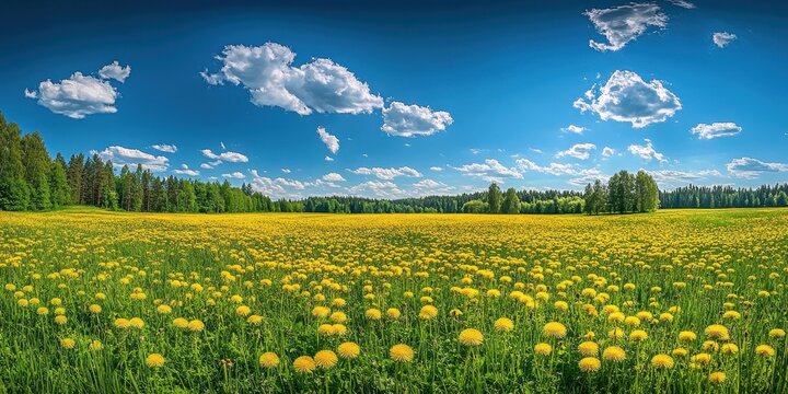 Panoramic View of a Vibrant Field Covered with Bright Yellow Dandelions Under a Clear Blue Sky with Fluffy White Clouds and Lush Green Forest Background