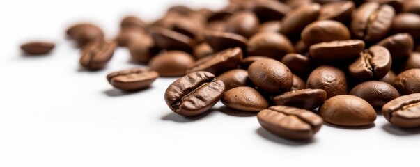 Naklejka premium Roasted coffee beans scattered on white, close-up, roasted, organic