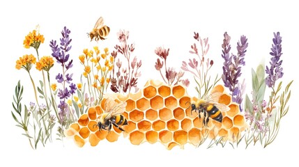 Watercolor composition with honeycombs, wild herbs and bee, with field herbs. Hand painted, illustration isolated on white background for cards