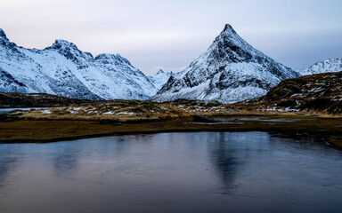 Reflection of snow-covered mountain range in a frozen lake, Lofoten, Norway