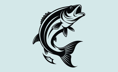 Jumping bass fish silhouette, fish silhouette vector art icon isolated on white, vector illustration 