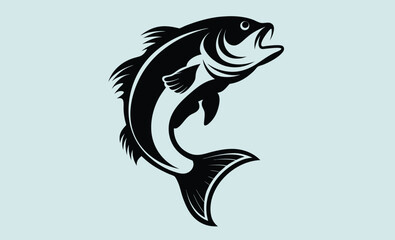 Jumping bass fish silhouette, fish silhouette vector art icon isolated on white, vector illustration 