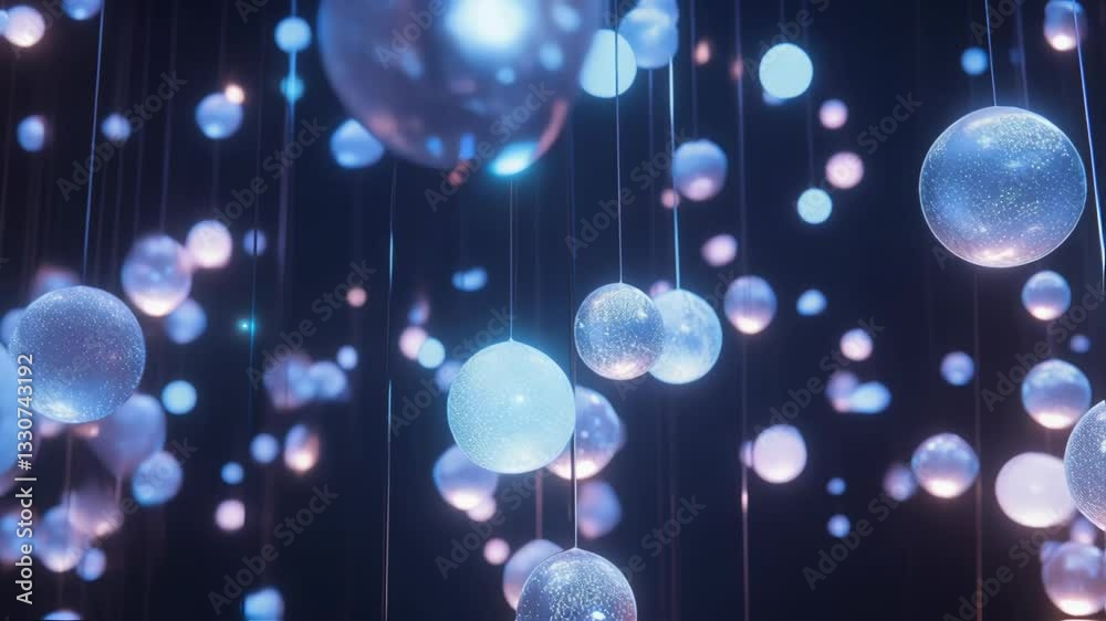 Wall mural luminous spheres gently swinging and floating, creating enchanting visual ambiance with soft blue an