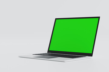 Laptop open to show green screen and close up display, application website present, 3D rendering