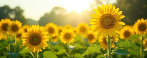 Fototapeta premium Tall sunflowers in a summer field, hazy sunlight , tall, plant, sun